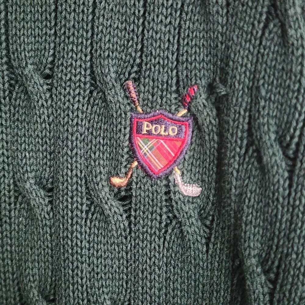 Polo Ralph Lauren Sweater Mens Large Green Cable Knit Golf Crest Shield Cotton